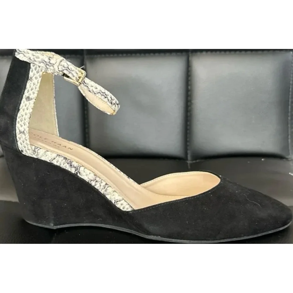 Cole Haan Grandseries Black Suede Snakeskin Ankle Strap Wedge Pumps 6.5